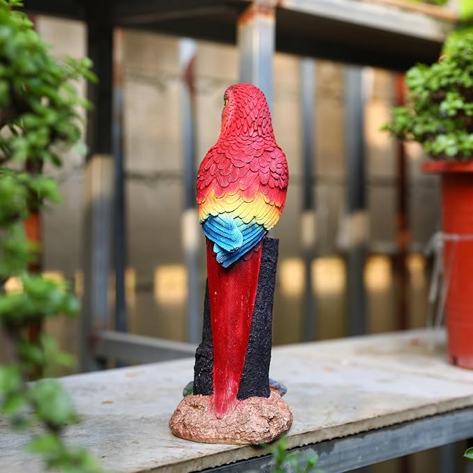 Macaw Parrot Garden Statue, 10.6" Hand-Painted Tropical Bird Figurine, Decorative Art Deco Accent for Patio and Home, Lifelike Design (Red)