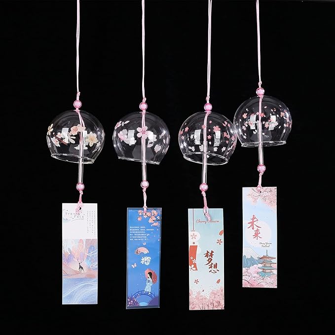 Falytemow Japanese Wind Chimes Set Romantic Flower Wind Bells Handmade Glass Japanese Style Pendant for Outdoor or Indoor Home Decors Pack of 4