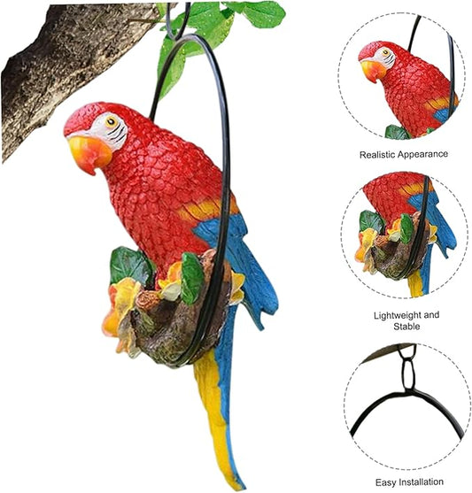 Hangigng Parrot Statue, Hanging Parrot Garden Decor Resin Outdoor Decor on Perch Garden Sculpture Statue for Outdoor Decorations Red
