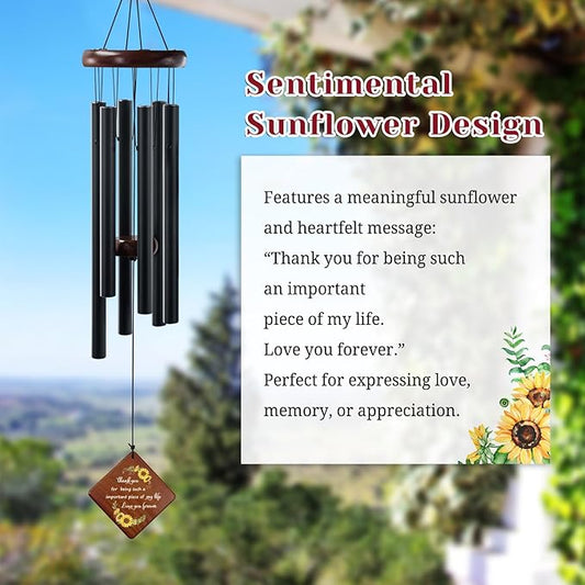 Sunflower Wind Chime with Thank You Quote Important Piece of My Life, Memorial Gift for Mom, Dad, Teacher, Friend or Farewells, 36" Outdoor Sympathy Chimes for Remembrance & Comfort
