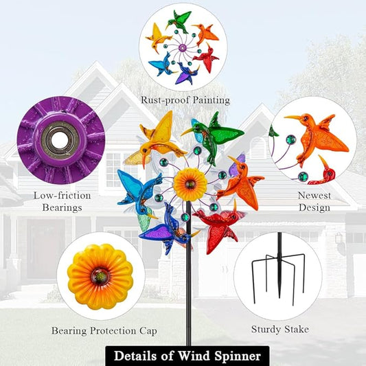 Wind Spinners Outdoor, Double-Sided Hummingbird Garden Windmill for Yard with 12 Colorful Bird Blades, Gemstone Decor Lawn Spinner, Unique Wind Spinners Art for Patio