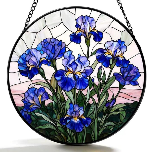 Stained Glass Window Hanging - Blue Iris Painting 6.3 Inches Suncatcher for Garden Home Decor for Women Mon Grandma Friends