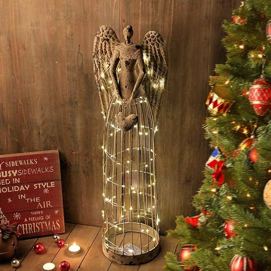 Angel Garden Statue with Heart, Outdoor Antiqued Metal Yard Art Decor Lawn Patio Decorations Garden Trellis for Climbing Plants Potted Vines Ivy Roses Gift Idea For Christmas, 32’’H (Heart)