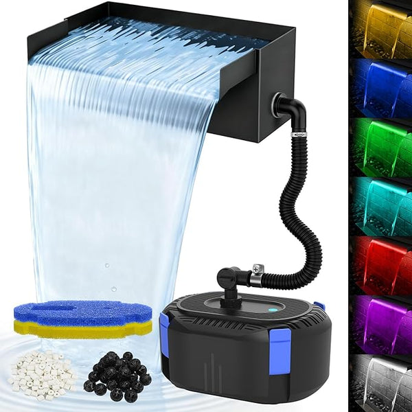 AquaMiracle Pond Waterfall Kit with Lights | 12" Stainless Steel Waterfall Spillway & 850GPH Water Pump | 4-Stage Filtration | Remote Control LED | for Pond, Pool, Backyard | for 500-750 Gal Water
