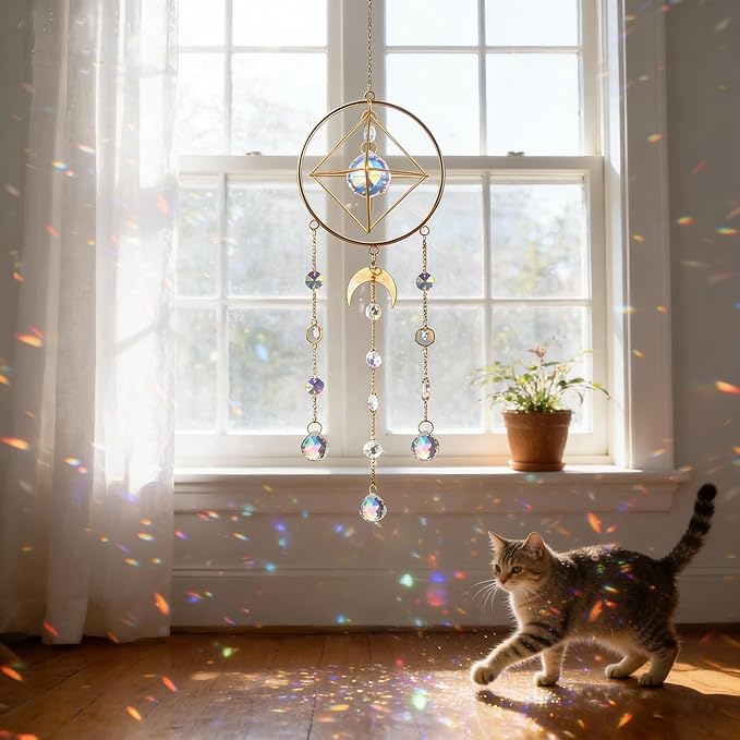 HDCRYSTALGIFTS Crystal Suncatcher, Window Suncatcher Prism Hanging Sun Catcher Rainbow Crystals Indoor Outdoor Decor Glass Christmas Ornaments Gifts,23inch