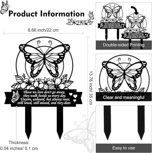 Geelin Butterfly Memorial Stake Decorations for Dad Cemetery Memorial Plaques for Grave Butterfly Metal Grave Marker Black Sympathy Garden Stake for Outdoor Yard, 13.78 x 8.66 x 0.04 Inch