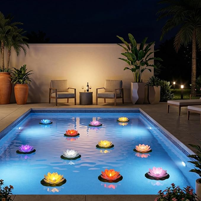 12 PCS Solar Powered Floating Lotus Lights - 7.09'' Waterproof Floating Flower Light, Solar Water Activated Colorful Pool Lotus Lamp for Garden Pond Wedding Anniversary Party Decor (Multicolor)