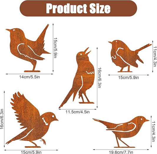 Rusty Metal Bird Garden Decor – 5PCS Iron Bird Silhouette Ornaments, Rustic Yard Art Decorations for Fence, Trees, Gates & Outdoor Decor