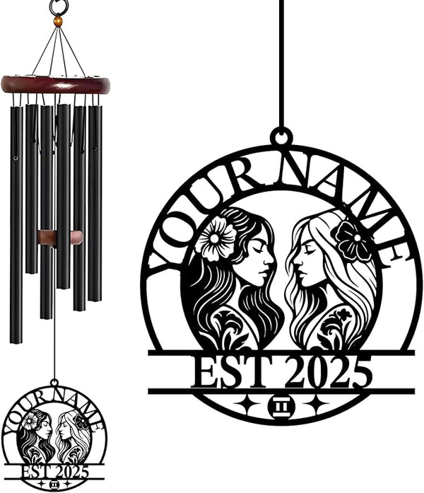 Personalized Customize Name 12 Zodiac Signs Wind Chime, Metal Iron 37 Inch Outdoor Memorial Gift for Garden Yard Patio Home Decor, Black (Gemini)