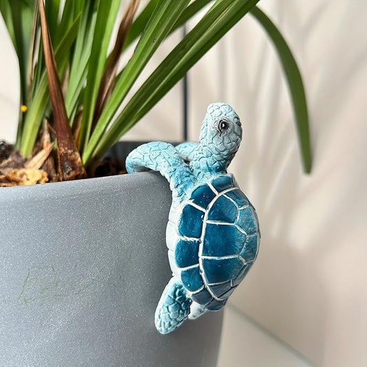 Cute Climbing Tortoise Flower Pot Hugger Figurines Resin Hanging Turtle Statue Planter Pot Decorations for Home Garden Fence Balcony Patio Lawn Yard Ornaments (Blue Sea Turtle)