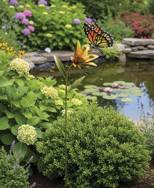 Regal Art & Gift Butterfly Flower Metal Garden Stake - Decorative Handcrafted Outdoor Metal Sculpture for Lawn, Patio & Garden Décor - Orange