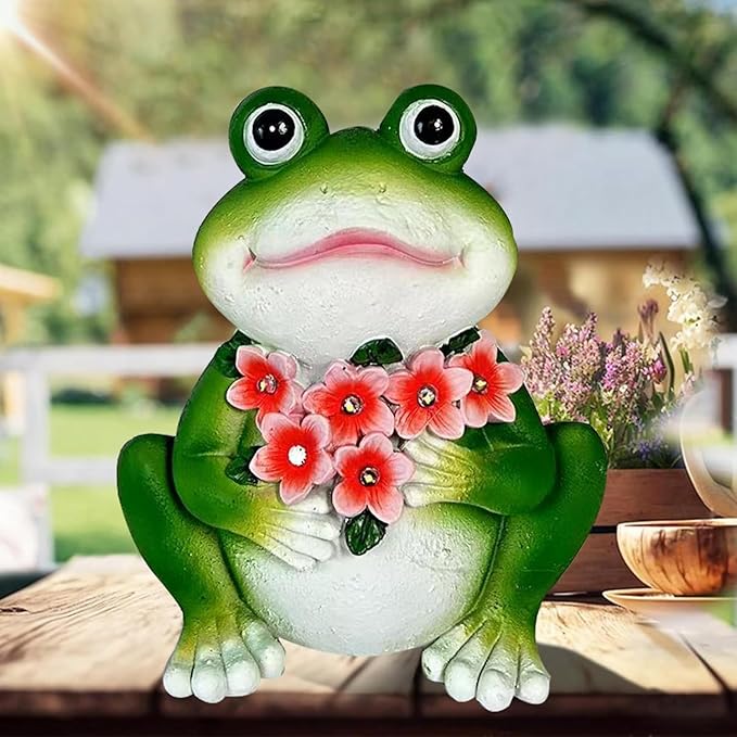 Solar Frog Garden Decor - Resin Frog Statues for Outside, Patio, Yard, Lawn, Gardening Gifts for Women, Outdoor Decorations
