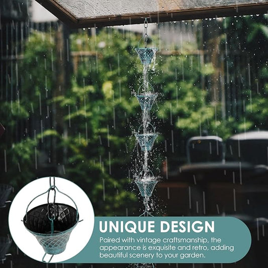 Rain Chains for Gutters, Outside Downspouts Metal Rain Catcher Diverter, 8.5 Ft Retro Rain Chains Decorative with Hook and 12 Metal Cups for Windowsill Garden Patio