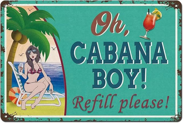 Cabana Boy Metal Sign Vintage Tiki Bar Signs for Outside Bar Home Yard Wall Decoration Pool Decor Patio Beach 12x8 Inch