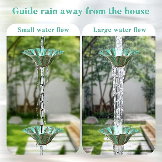 Rifachua 12 Cups Lotus Rain Chain for Gutters Downspouts Outside 8.5ft, Green Plated Bronze Lotus Rain Chain Cups, Functional and Decorative Replacement for Gutter Downspouts