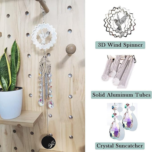 Hourwof Memorial Wind Chimes for Outside,Decorative Wind Chime with Wind Spinner for Garden Patio Yard,Crystal Suncatcher Windchime,Housewarming Gift,Hummingbird