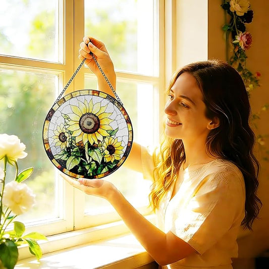 Stained Glass Window Hanging, 8 Inch Sunflower Suncatcher, Sun Catchers Indoor Window, Suncatchers for Windows Hanging, Spring Home Garden Decor Panel Mothers Day Birthday Gifts for Mom Grandma Friend