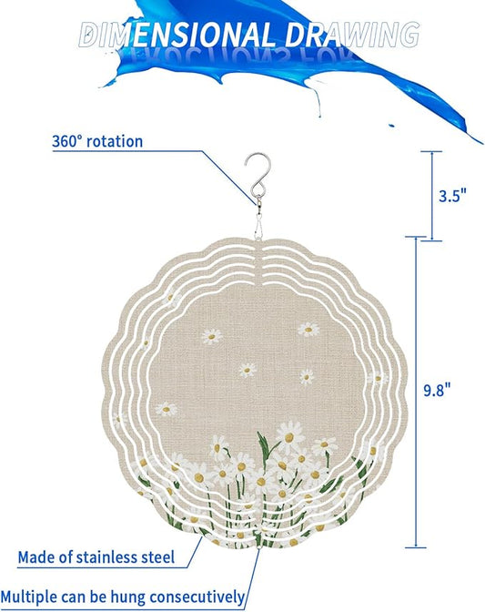 Vintage Daisy Flowers Wind Spinners for Yard and Garden Decor, Spring Floral White Beige Wind Spinner Hanging Outdoor Metal Art Outside Decorations 3D Garden Wind Sculpture 10inch