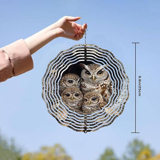 10 Inch Owl Wind Spinner, 3D Laser Cut Metal Hanging Kinetic Wind Rustproof Sculpture for Garden Yard Art Indoor Outdoor Window Porch Decor, Women Mom Wife Mothers Day Idea