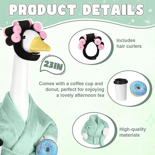 Porch Goose Outfits for 23 Inch Lawn Goose Statue, Green Bathrobe Clothes with Hair Curlers, Coffee Cup & Donut Accessories for Funny Spa Yard Garden Patio Decor