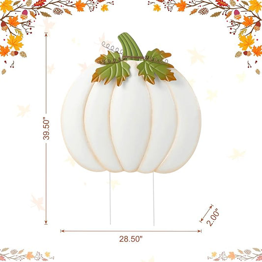 Glitzhome Oversized Ivory Pumpkin Yard Stake,39.5"H Metal Fall Pumpkins Garden Stake, Garden Standing Stakes or Hanging Pumpkin Signs for Autumn Harvest Thanksgiving Halloween Fall Outdoor Decorations