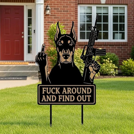 F Around & Find Out Dog Sentry Metal Dogs Silhouette Garden Stake with Middle Finger &Weapon Sign, FAFO Security Sign Middle Finger Dog Statue Decor for Outdoor Yard Patio (Doberman, 8 * 16")