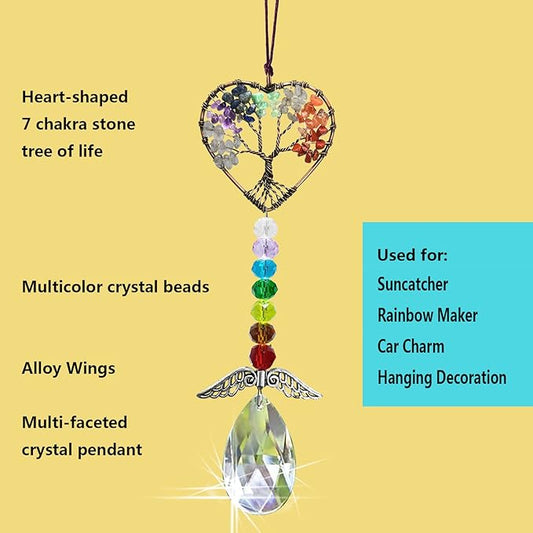 Healing Crystal Decor Tree of Life Car Hanging Accessories Suncatcher with Wings 7 Chakras Window Wall Hanging Decor Meditation Ornaments Home Decoration