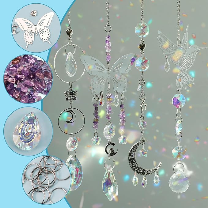 Sun Catchers, 408 Pieces Colorful Crystal Suncatcher with Chain Pendant Ornaments Hanging Crystals Prism Rainbow Maker for Windows Indoor Outdoor Car Mirror Garden Decor Wedding Party Xmas Gift (400)