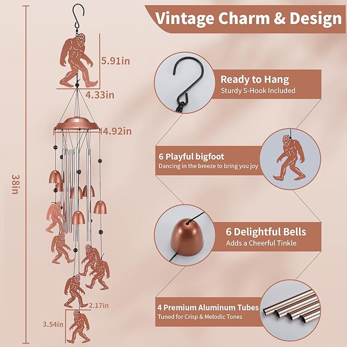 Bigfoot Wind Chimes Outdoor, Metal Sasquatch Gifts for Men Dad Grandpa, Unique Garden Patio Yard Decor Windchime