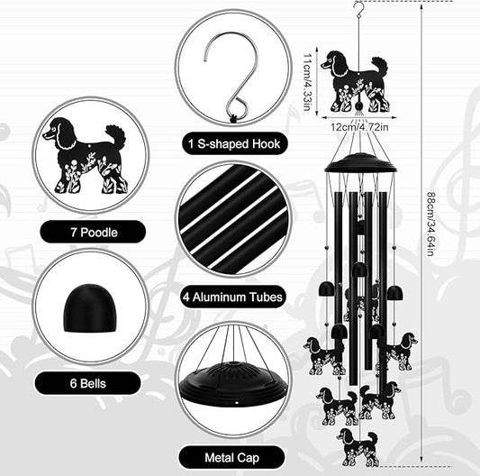 Poodle Wind Chimes for Outside, 34.6 Inch Weather-Resistant Metal Wind Chimes with 4 Aluminum Tubes, Pet Memorial Sympathy Gift for Poodle Dog Lovers, Patio Yard Garden Decor