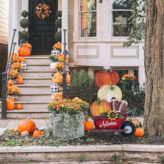 YEAHOME Fall Decorations Outdoor, Stacked Pumpkin Football Wheelbarrow Decorative Garden Stakes, Autumn Metal Cart Yard Signs for Home Outside Garden Lawn Porch Decor, Thanksgiving Decorations