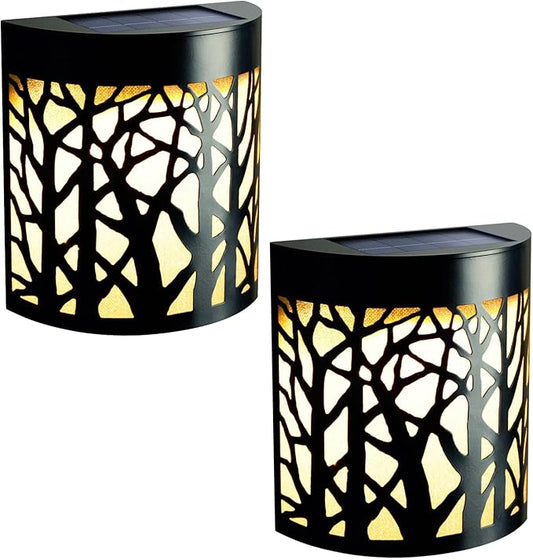 DenicMic Solar Wall Lights Outdoor Wall Sconce Fence Lighting for Patio Front Door Yard Deck Stair Led Forest Decorative Lamps, Waterproof, Warm White/Color Changing (2 Pack)