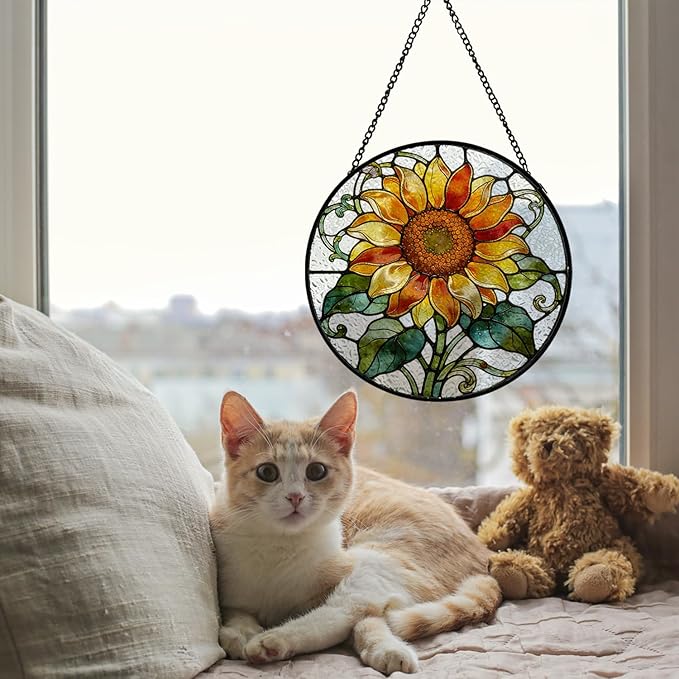 Sunflower Stained Glass Window Hanging, Cottagecore Sunflower Floral Botanical Suncatcher Indoor Window Glass Round Wall Art Decor, 7.9x7.9 Inch