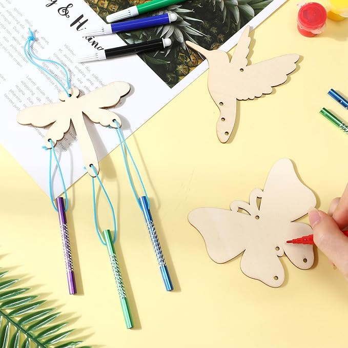 Leinuosen 30 Pcs Wind Chime Kit Hummingbird Wooden Wind Chimes Decorative Butterfly Windchimes Hanging Dragonfly DIY Crafts for Indoor Outdoor Garden Home Patio Party Crafts Decorations