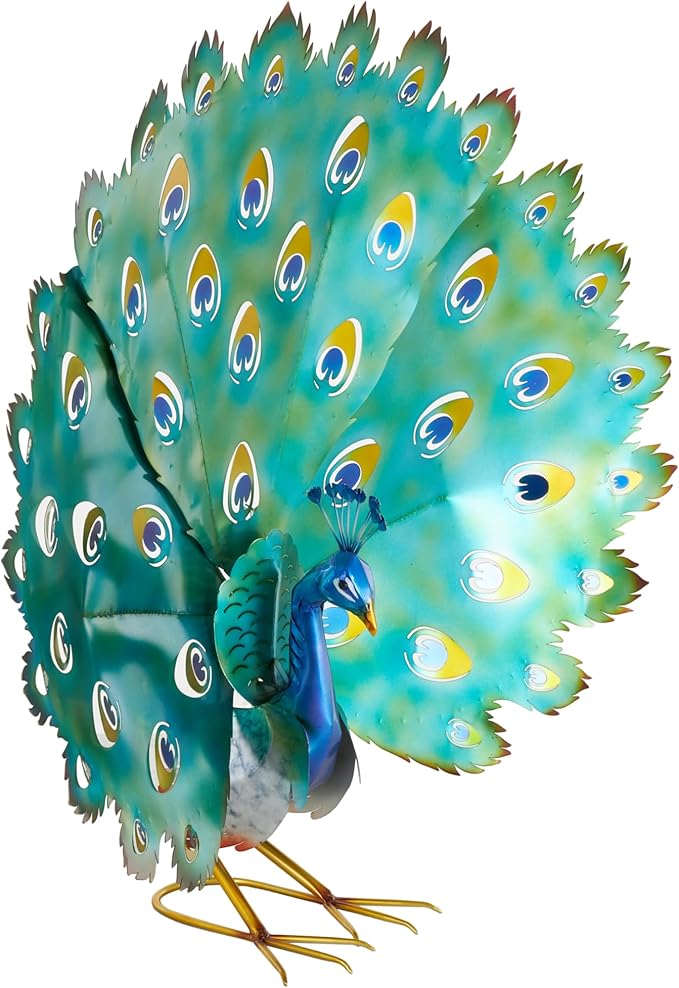 Deco 79 Metal Peacock Decorative Garden Sculpture Garden Statue with Gold Legs and Teal Wings, Outdoor Sculpture 38" x 11" x 33", Blue