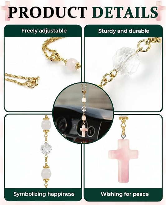 2PCS Crystal Cross for Car Mirror Hanging, Cute Healing Stones Car Rear View Charm Accessories Ornament for Sun Catcher