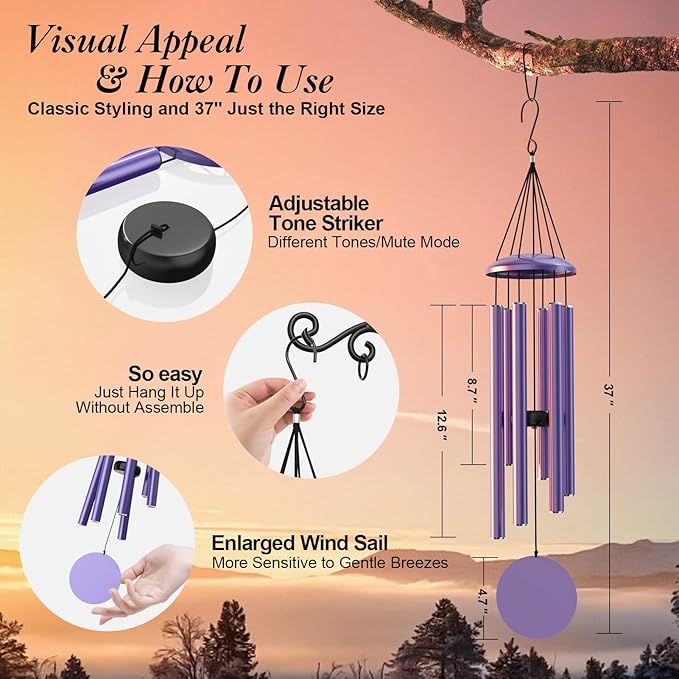 Purple Wind Chimes for Outside Deep Tone, Personalized Metal WindChimes Tuned Melodic Music Sound, Outdoors Decor for Garden Patio Home with Rewritable Wind Catcher