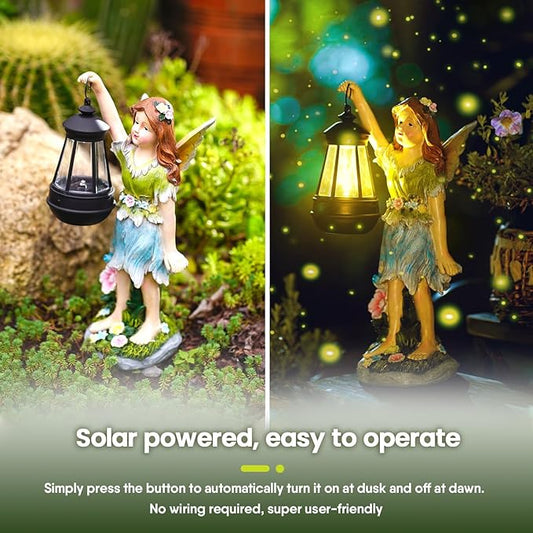 Pohabery Fairy Garden Statue Solar Garden Fairy with Lantern Light Outdoor Decoration Waterproof Solar Sculpture for Patio Yard Lawn Gift for Mom Grandma