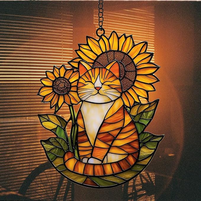 Happy Tabby Cat Acrylic Suncatcher Stained Glass Effect Window Car Hanging Christmas Ornament Indoor Outdoor Decor Garden Sun Catcher Panel Gifts for Cat Lover for Women Mom Grandma