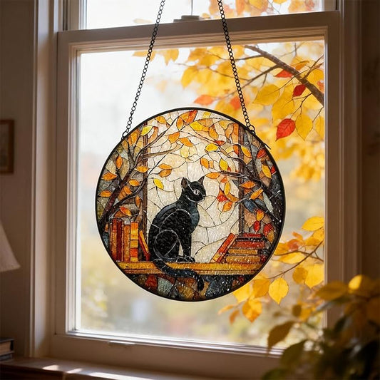 Black Cat Stained Glass Window Hanging Suncatcher, Fall Leaves & Bookshelf Sun Catchers Art Decor Ornament for Home Garden Farmhouse, Birthday Gift for Cat Lovers Mom Women Nana, 7.8 Inch