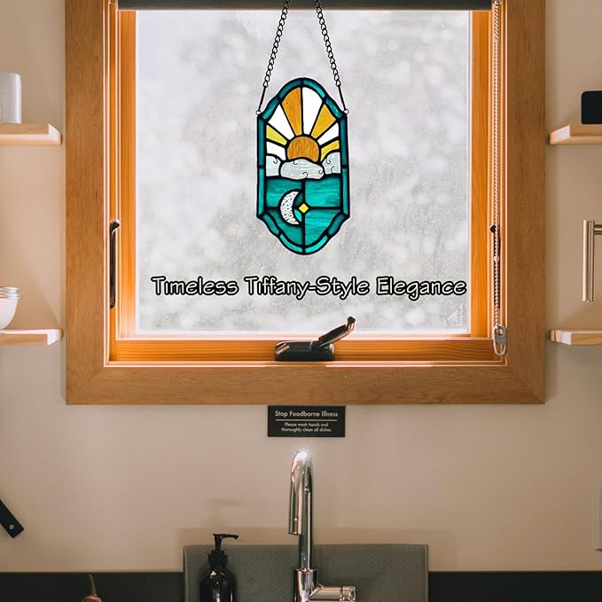 Stained Glass Sun and Moon Decor Window Hanging Suncatchers Ornament,Handcrafted Tiffany Style Sun Catcher Decor Gifts for Bedroom Livingroom