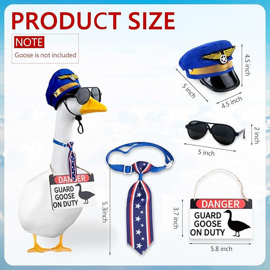 CAMDUCK 4 Pcs Porch Goose Accessories Porch Goose Sign Air Force Hat Eyeglasses Necktie Wooden Danger Guard Goose on Duty Warning Sign Goose Outfits Decor for Yard Porch Lawn