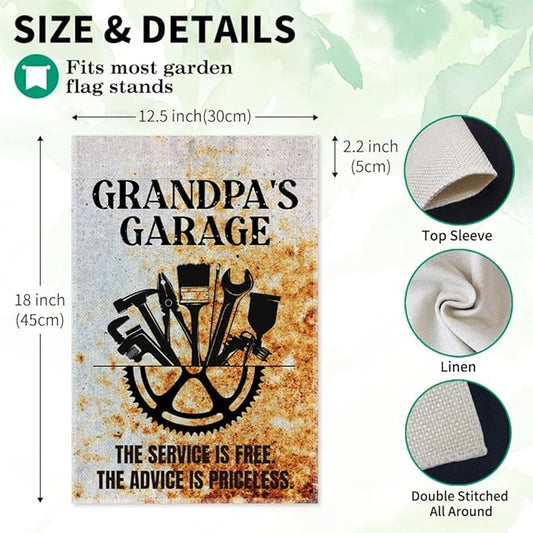 Grandpa's Garage Garden Flag, Double Sided Farmhouse Outdoor Lawn Decor Yard Flags Gifts for Grandpa, Vintage Garage Wall Decor Garage Signs Gifts for Dad Woodworking Cabinet Maker Mechanic