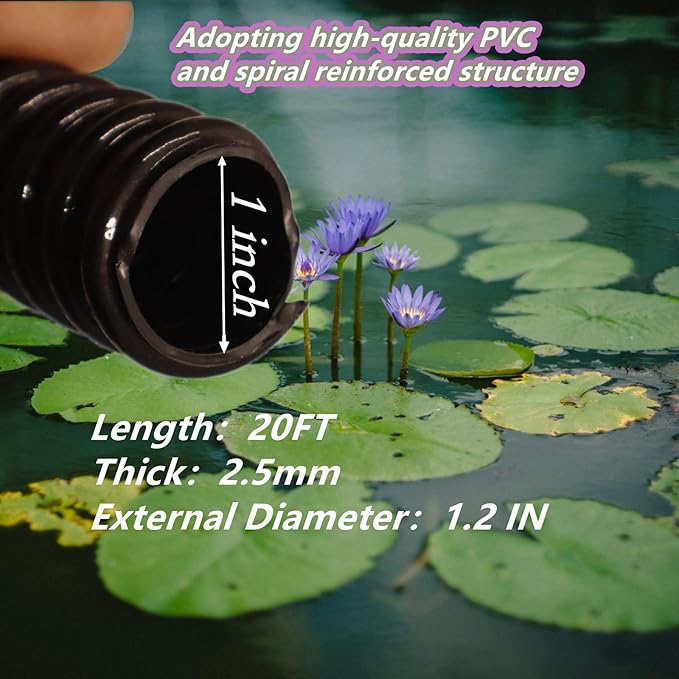 Pond Tubing ID 1” × 20FT Long Corrugated Flexible Pond Hose Pipe with 4 Clamps Pipe Fittings for Pond Pump Fountain Garden Waterfall