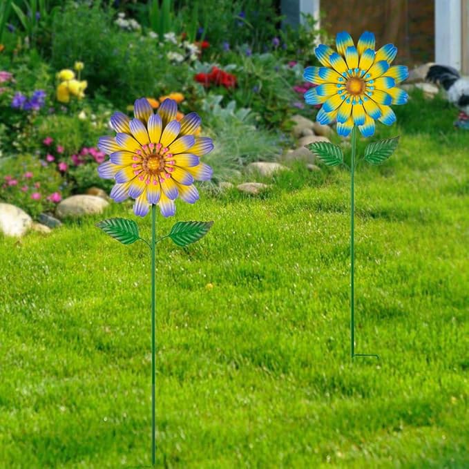 Metal Flower Decorative Garden Stakes,2 Pack Spring Outdoor Decor Large Metal Yard Art for Flower Bed Yard Lawn Decor