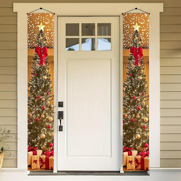 BlissYard Christmas Tree Long Vertical Banner Outdoor Front Porch Hanging Decor 12x71 Inch Xmas Tree Sparkling Ornaments Lights Star Festive Indoor Outdoor Xmas Decor Wall Front Door Yard Garage