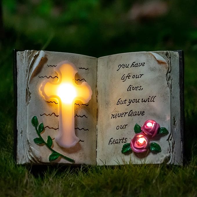 Candieslife Outdoor Solar Memorial Cross Stakes Lights, Waterproof Book Statue Grave Decorations Sympathy Gifts for Cemetery Garden Lawn Yard Patio Home Decor