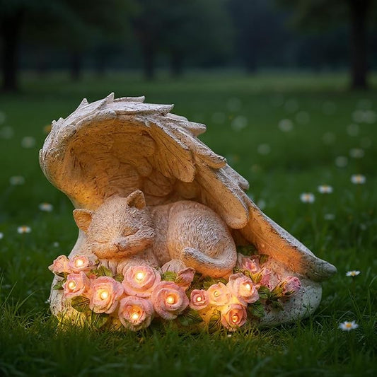 Elenon Cat Pet Memorial Stones Outdoor Statue, A Sleeping Cat Memorial Stones with Solar Light Garden Statue Decor, Pet Loss Sympathy Remembrance Grave Gifts