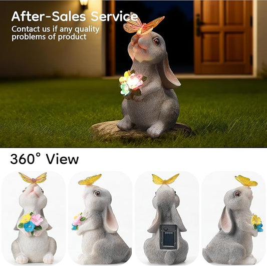 Garden Statue Outdoor Decor, Rabbit Figurines with Solar Butterfly Changing Color LED Lights, Bunny Ornament for Patio Backyard Lawn, Birthday Valentine's Day Gift for Women Mom Grandma