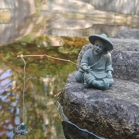 livelyfish Mini Fisherman Statue Asian Zen Decoration Sitting Fishing Figurines Sandstone Vintage Ornament for Aquarium Fish Tank Pot Garden Home Japanese Decor (A2)